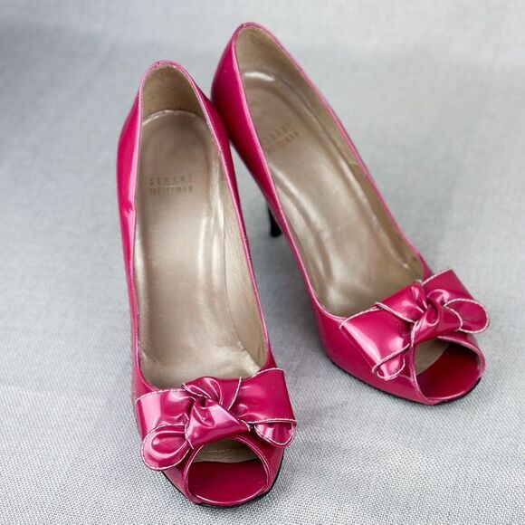 Stuart Weitzman Hot Pink Patent Leather Peep-Toe Heels with Bow, size US 10 - Picture 8 of 11